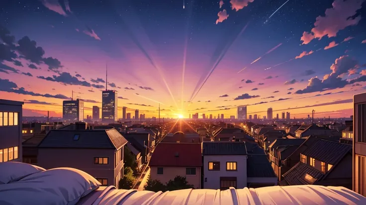 Steven Universe environment, houses, cozy city, urban landscape, Grenade visible in the distance, beautiful sunset night sky, view from a bedroom window