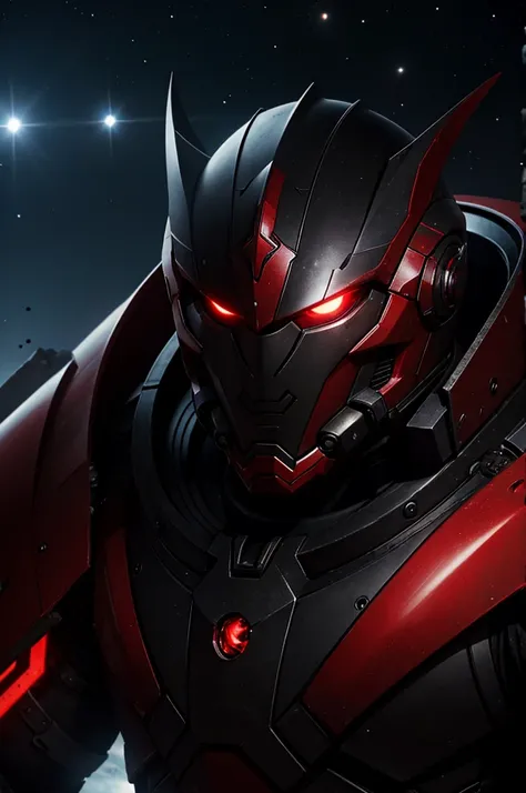 masterpiece, high quality, Big man, red armor, diving tanks, Red eyes, black sclera, SERIOUS LOOK, black trident, advanced age, black hair, strong, great bearing, space background, planets, visible face