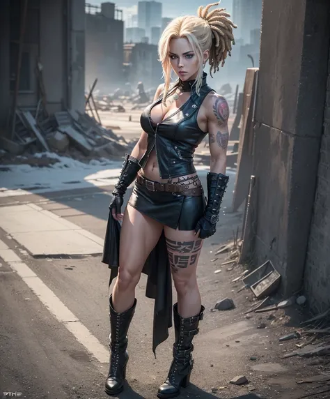 (((full body shot))), super muscular build and small breasts., wears an open black leather vest.., black leather gloves, short skirt and heavy boots, She has a punk rock look and blonde dreadlocks hair.. . Tattoos all over her body highlight her experience...