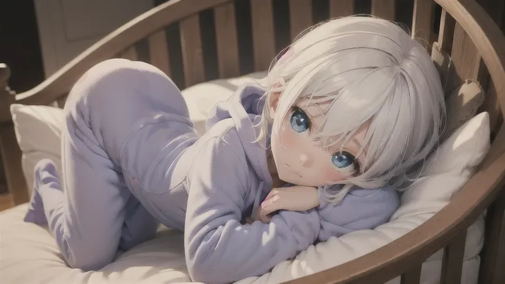 an anime image of a small boy with white hair wearing a thick diaper underneath fox hoodie-footie pjs, hoodie-footie pjs, sleepi...