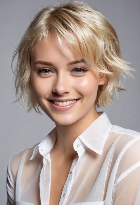 Young girl with short blonde hair, wearing only a transparent button-down shirt, She is in a sexually suggestive pose marking her body She has a face smiling mischievously And a sexy athlete&#39;s body