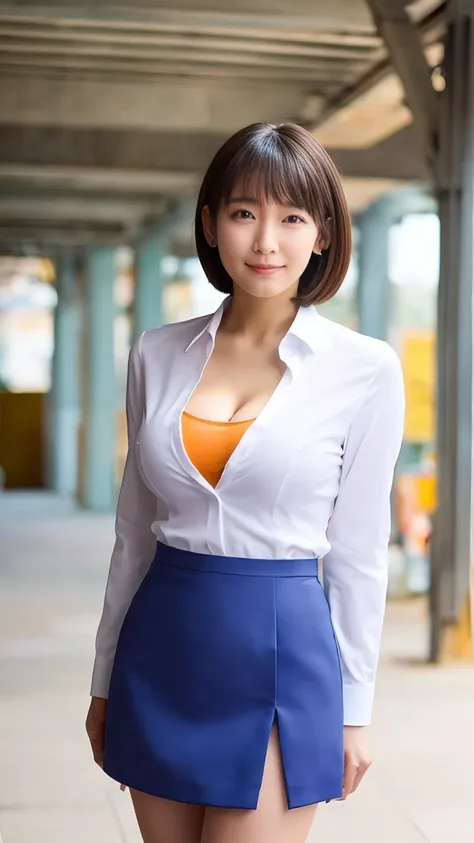 (1 woman),beauty,beautiful face,smile,(office lady suit:1.2),(open clothes:1.2,front open shirt:1.2,mini skirt)a dignified appea...