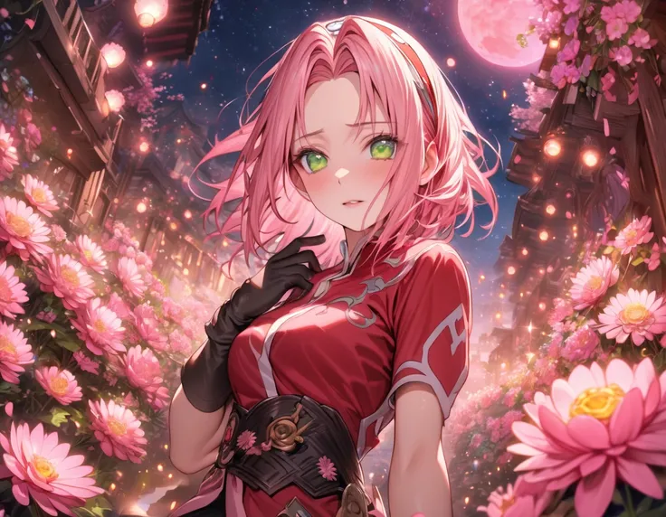 absurdres, highres, ultra detailed, HDR, master piece, best quality, extremely detailed, Haruno Sakura, pink hair, expressive green eyes, Naruto Shippuden, woman, solo, beautiful, red shirt, black gloves, fantasy, sparkling, pink glittering fireflies, pink...