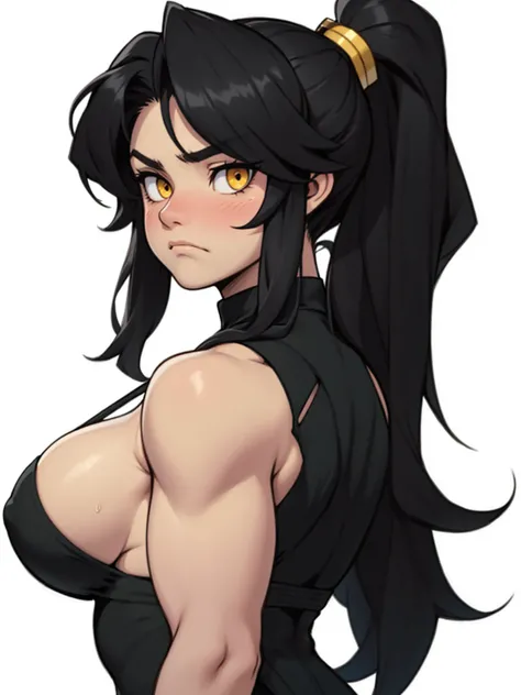 girl muscles huge breasts pale skin very long hair black hair yellow eyes sad blushing solo frown ponytail