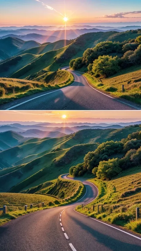 Highest quality,4K,8k,High resolution,masterpiece:1.2,Very detailed,Realistic:1.37,Long, winding road,Bright light leading to the horizon,Bright Morning, Travel Photo Montage,Light of the sun,The road that goes far and wide,Serene landscape,Vibrant colors,...