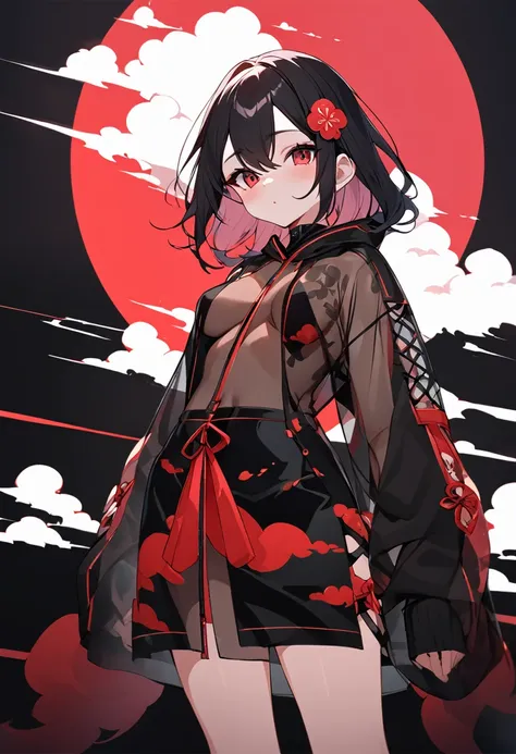 Red Cloud,Girl with red cloud motif,sexy,Accentuated body lines,Pitch black background,Ultra see-through Japanese style hoodie,（A body line where clothes are visible）,See-through inner,Angle from below,See-through waist,See-through breasts,A see-through be...