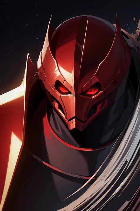 masterpiece, high quality, Big man, red armor, diving tanks, Red eyes, black sclera, SERIOUS LOOK, black trident, advanced age, black hair, strong, great bearing, space background, planets, visible face