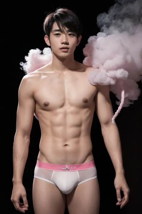 A cute young Thai man, 25 years old, 170 cm tall, white skin, short cropped hair, shirtless, wearing white underwear. Has belly hair Standing against a black background, black and pink smoke spread out.