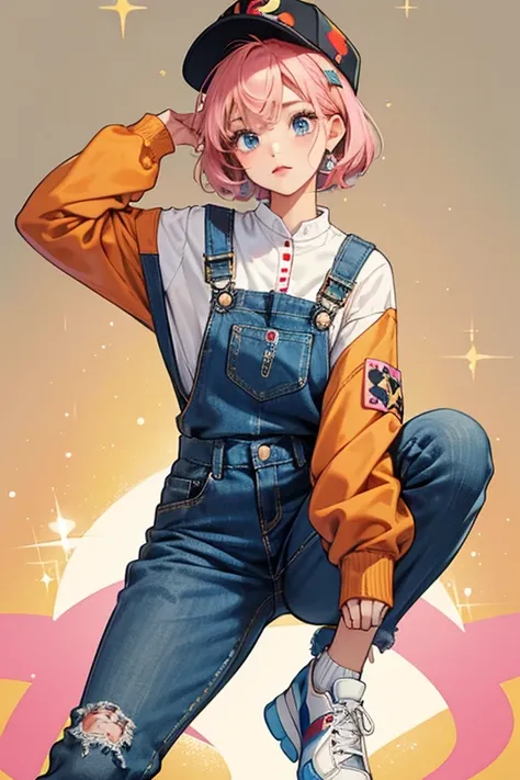 she has fair tan skin, and short pink hair, sHe has big blue eyes and pale brown lips, Her accessories consist of a bunny themed cap that says "Lucky".

Her outfit consists of a black overalls with gold buckles, Under that she wears a long sleeve shirt tha...