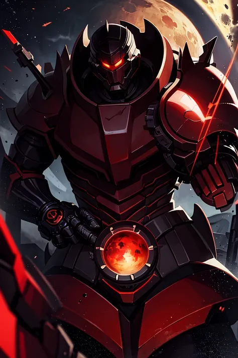 masterpiece, high quality, Big man, red armor, diving tanks, Red eyes, black sclera, SERIOUS LOOK, black trident, advanced age, black hair, strong, great bearing, space background, planets, visible face