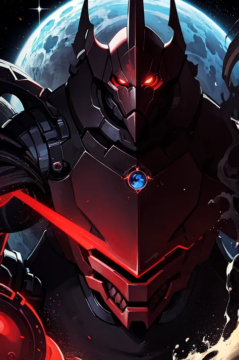 masterpiece, high quality, Big man, red armor, diving tanks, Red eyes, black sclera, SERIOUS LOOK, black trident, advanced age, black hair, strong, great bearing, space background, planets, visible face