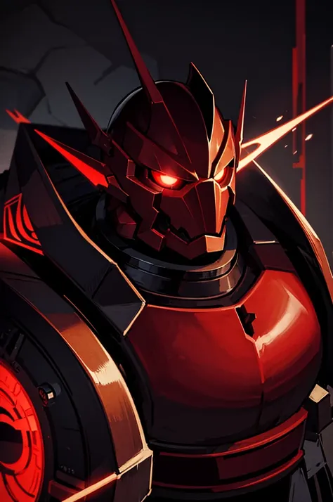 masterpiece, high quality, Big man, red armor, diving tanks, Red eyes, black sclera, SERIOUS LOOK, black trident, advanced age, black hair, strong, great bearing, space background, planets, visible face