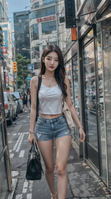 araffe woman walking down a city street with a purse, korean girl, gorgeous young korean woman, beautiful south korean woman, beautiful young korean woman, photo of slim girl, korean womens fashion model, photo of slim girl model, korean woman, jaeyeon nam...