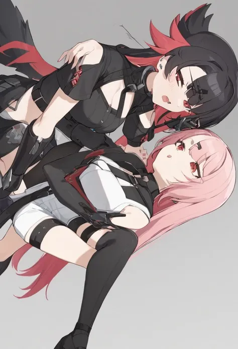 two woman one with pink hair and another with black red hair