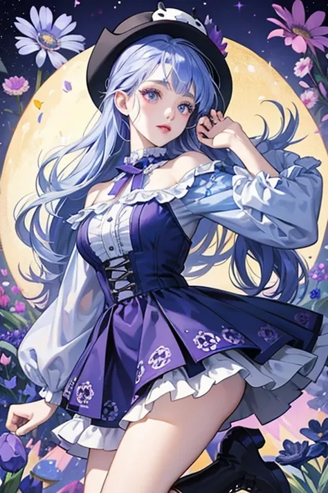 Melanie has pale skin, and straight indigo hair. She has big periwinkle eyes and pale red lips, Her accessories consist of a fluffy bunny hat. Her eyes also has a painted purple daisy-like flower.

Her outfit consists of a one piece dress with tie-dye look...