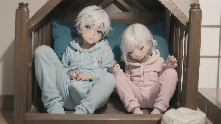 an anime image of a small boy with white hair wearing a thick diaper underneath fox hoodie-footie pjs, hoodie-footie pjs, sleepi...