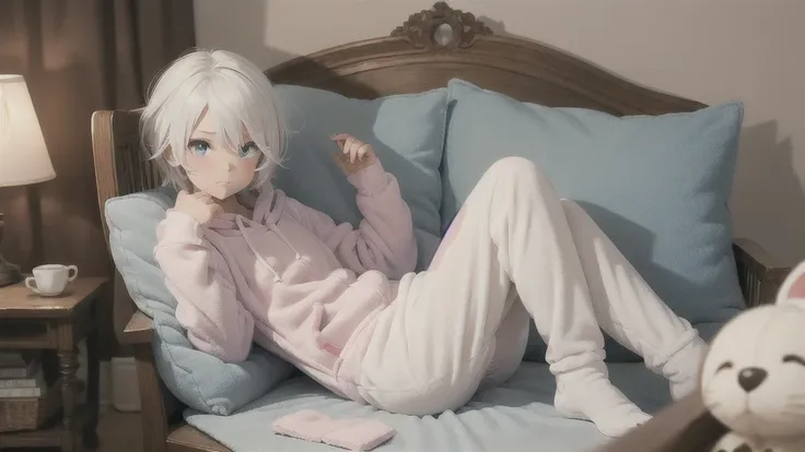 an anime image of a small boy with white hair wearing a thick diaper underneath fox hoodie-footie pjs, hoodie-footie pjs, sleepi...