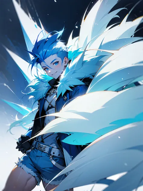 1male, blue skin, white spiky hair, modern undercut, oversized fur coat, blue shorts, snowy area, smile, ice on body