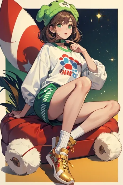 she has fair tan skin, and short brown hair, sHe has big green eyes and pale brown lips, Her accessories consist of a fluffy dog hat.

Her outfit consists of a green tracksuit with paw pattern gold printing, sHe wears a white t-shirt underneath with a dog ...