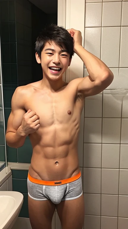 Japanese men、14 years old、Muscles and smooth skin、Very short black hair、A relaxed and friendly smile、Orange thin boxer briefs、The whole body is well visible、Fist pump in the bathroom、Laughing with mouth open、