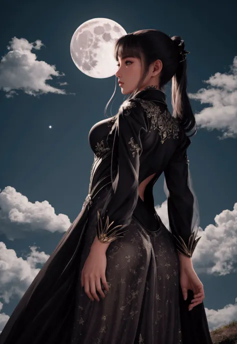 On a clear night and in a partially lit square, a beautiful and sensual woman stands on top of a hill with the full moon in the background partially covered by clouds.