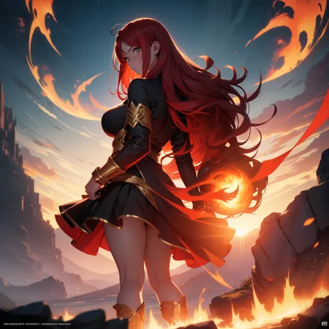 (masterpiece, best quality, photorealistic, cinematic), wide shot, full body, front view, from behind, anime girl, red hair, standing on a mountain cliff with a glowing ball in her hands, perfect hands, nice hands, seaside, sunset, artgerm and atey ghailan...