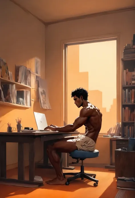 ((1 latino man sitting at a desk typing on an orange laptop in a high-chroma orange art deco office)) by Aaron Horkey and Jeremy Mann, masterpiece, best quality, Photorealistic, ultra-high resolution, photographic light, illustration by MSchiffer, fairytal...