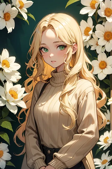 A thirty year old girl, with blonde hair, long and wavy and loose. green eyes. clear skin. tired eyes. looking to the camera. Wearing a beige sweater, around it a lot of colorful flowers.