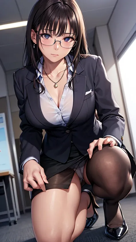 1 Female, beautiful, 25 years old, (formal jacket with 3/4 length, tight sheer 3/4 length blouse, tight mini skirt, glasses, hair accessory, pantyhose), office lady, beautiful secretary, sexy, high-class panties, upskirt, panty shot, earrings, necklace, ha...