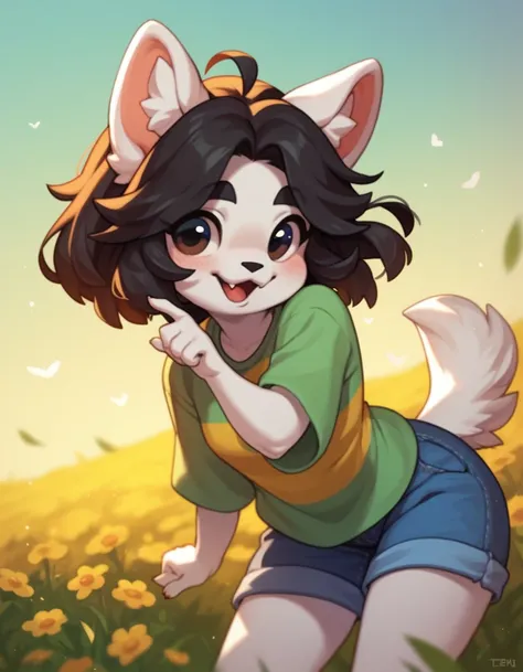 score_9,score_8_up,score_7_up, temmie from undertale, Anthro girl, black hair, white furry body, cute canine girl, wearing shirt, shorts, 