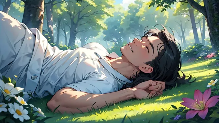 

"A calm man, with a serene expression, is lying on a lush green lawn, surrounded by tall trees and colorful flowers. The sky above is clear, with some soft white clouds floating. Hes in a relaxed, No worries, with your eyes closed and a slight smile on y...