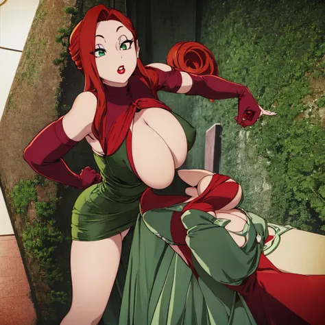 JessicaWaifu, Massive , elbow gloves, green eyes), Massive and Deep cleavage, red lips, (strapless dress) (red hair) (red dress), ((She has a mature figure, her cleavage is Massive and Deep)) b