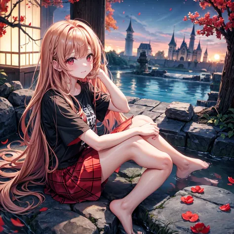 Red-blonde、Red eyes、One cute girl、solo、And soul、Light clothing、Checked mini skirt、petal、Wet hair、Sit on、black t-shirts、large tree、cloud、full moon、monster castle、lanthanum、Hell&#39;s Gate、Craft Gatekeeper、barefoot、Stones are piled up、Devil、Teeth are visible...