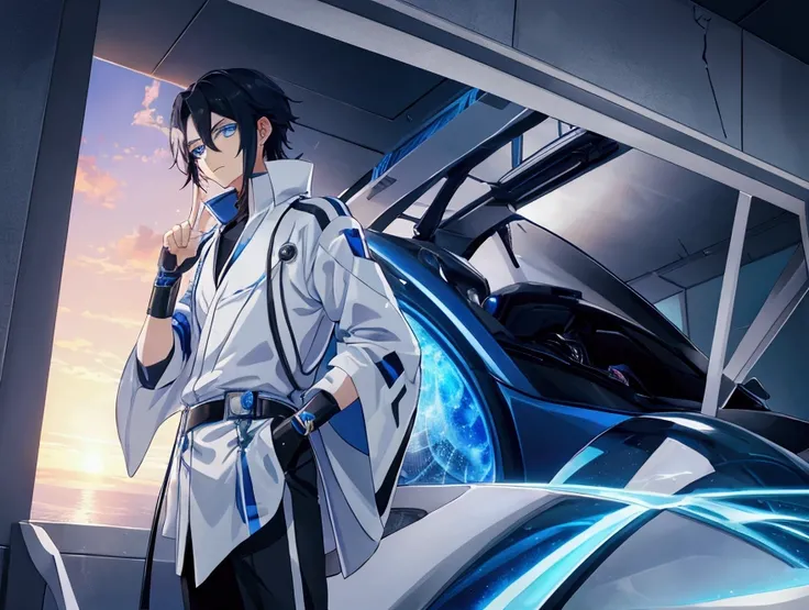 An anime boy in a secret organization outfit, with your hands in your pants pocket, leaning against a futuristic car, your eyes are serene, he is serene and showing boredom with love, gorgeous eyes, Bblack hair, blue colored eyes, good art, good drawing, 2...