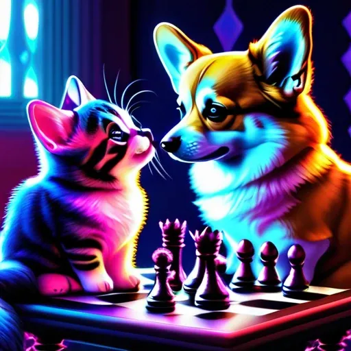 psychedelicstyle magic beamMake me a photo of cute corgi and cute American shorthaircat cat playing chess.