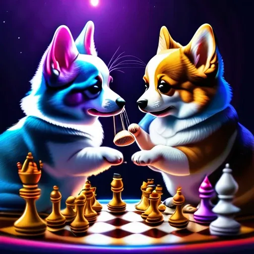 psychedelicstyle magic beamMake me a photo of cute corgi and cute American shorthaircat cat playing chess.