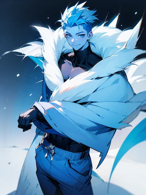 1male, blue skin, white spiky hair, modern undercut, oversized fur coat, blue sweatpants, snowy area, smile, ice on body