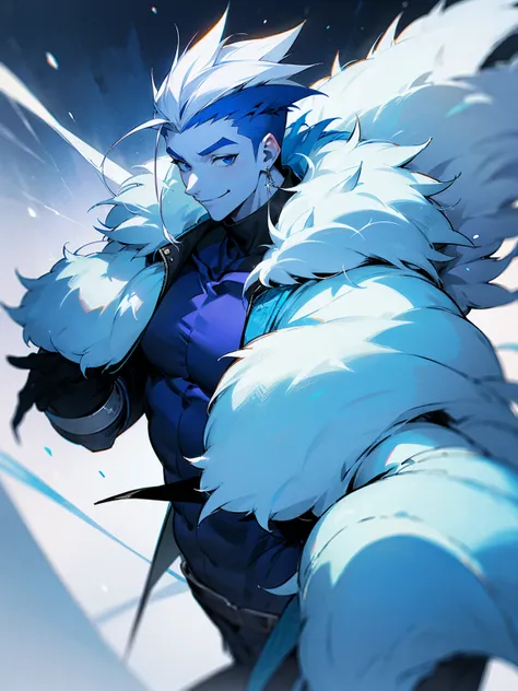 1male, blue skin, white spiky hair, modern undercut, oversized fur coat, blue sweatpants, snowy area, smile, ice on body