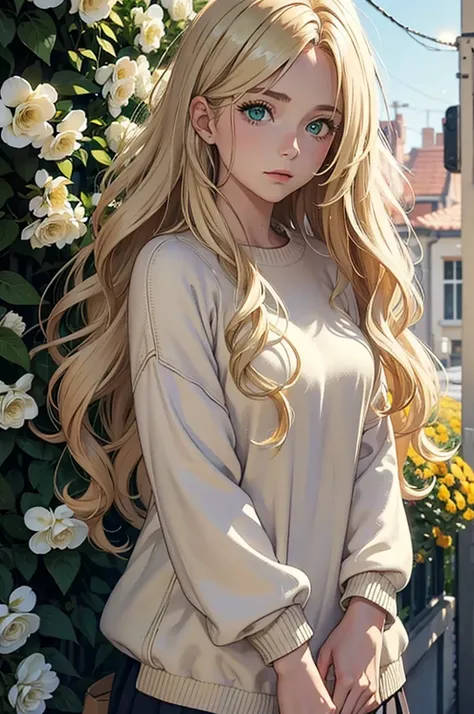 A thirty year old girl, with blonde hair, long and wavy and loose. green eyes. clear skin. tired eyes. looking to the camera. Wearing a beige sweater, around it a lot of colorful flowers.