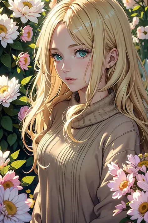 A thirty year old girl, with blonde hair, long and wavy and loose. green eyes. clear skin. tired eyes. looking to the camera. Wearing a beige sweater, around it a lot of colorful flowers.