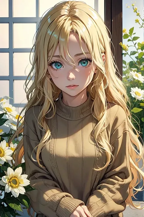 A thirty year old girl, with blonde hair, long and wavy and loose. green eyes. clear skin. tired eyes. looking to the camera. Wearing a beige sweater, around it a lot of colorful flowers.