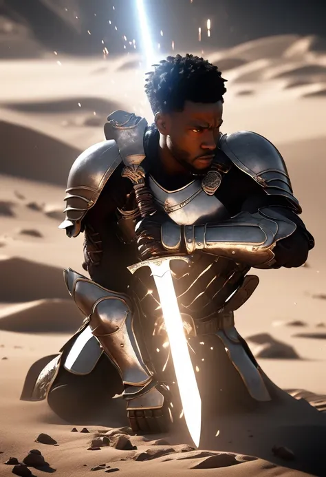 Side angle view A black African man on one knee head facing the ground, sword in its sheath, explosive white light and particles in background, warzone with shields and torn armour all over the battlefield, sword and sandals epic, ridley scott movie, zach ...