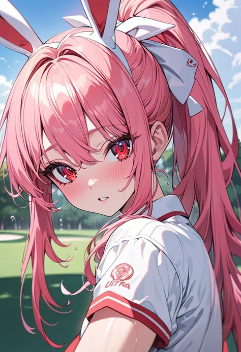 rabbit girl, anime, long hair, pink hair, red eyes, golf sports (red and white color).detailed eyes, ultra detailed, high quality, vibrant colors, high ponytail in hair, beautiful, ,