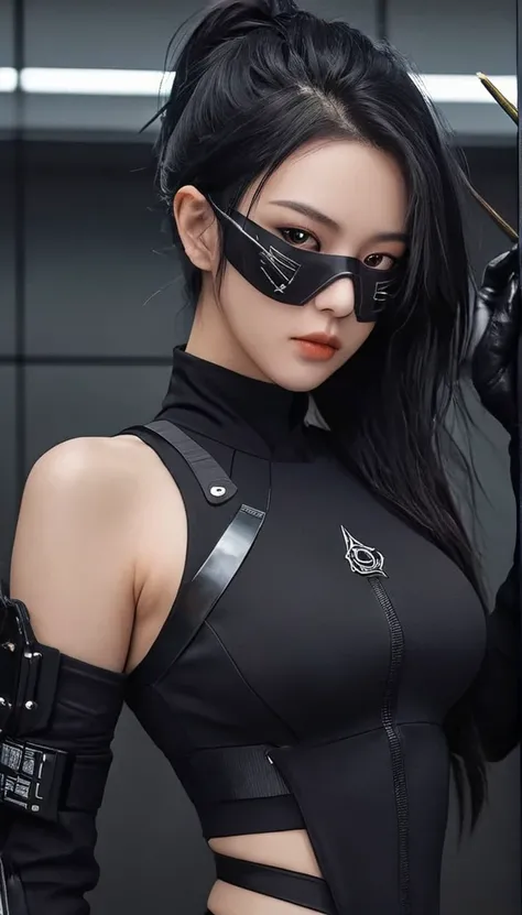 woman dressed in black with mask and japanese sword katana all black cyberpunk clothes, wearing tech outfit and armor, photo of ...