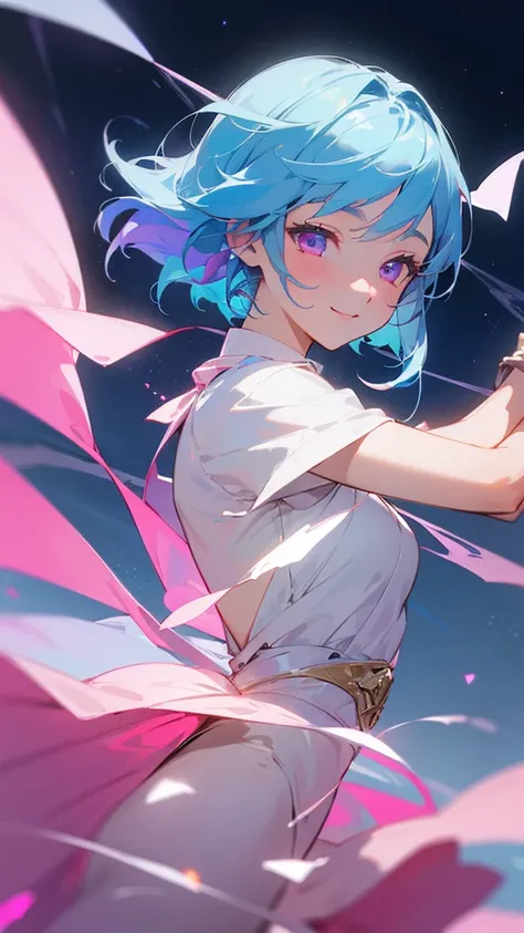 1 Girl、masterpiece、Highest quality、detailed、Light blue hair、Pink Eyes、beautiful、Dancer、Starry Sky、night、Anime-style paintings、Hard Edge、Soft Surface、smile、smile、Upper body close-up、From the side、Stage lighting、Spot lighting