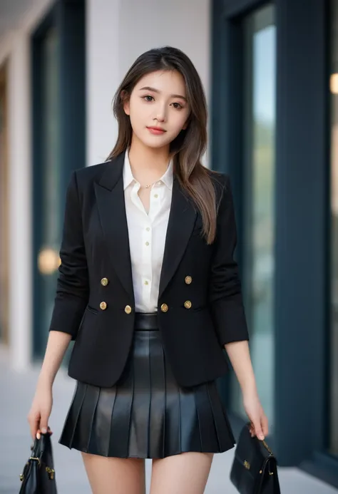 Top quality, masterpiece, 1 girl, Pretty Face, (Realistic photos:1.3), Edge lighting, (High Detail Skin:1.2), 8K UHD, Digital SLR Camera, high quality, HD, 4K, 8K, Bokeh, (real: 1.3), Small face, A cute girl, Black Formal Blazer, Mid-chest, Short skirt,off...