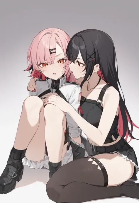 two woman one with pink hair and another with black red hair
