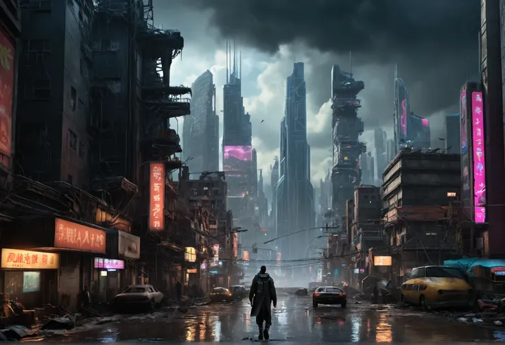 a cyberpunk post-apocalyptic landscape, sprawling city skyline, neon lights, rain, futuristic skyscrapers, broken down buildings, flying vehicles, dark clouds, nuclear explosions in the distance, silhouettes of people running, advanced technology, moody li...