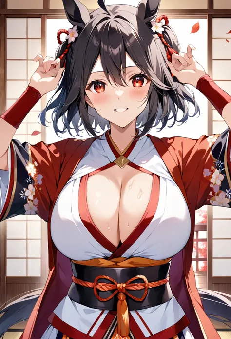 masterpiece, best quality, ultra detailed, detailed eyes, sparkling eyes, 1 girl、{kitasan black,Umamusume,red eyes, horse ears, Uma Musume, horse tail, black hair, short hair, messy hair, wavy hair, smile}, Kyoto animation style, {Upper body}, {outstretche...