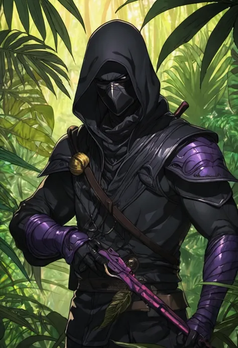 (masterpiece, best quality, vivid colors), A close up of a Dark Assassin in the jungle , 1man, Alone, anime screencap, full body shot, the background is a tropical jungle